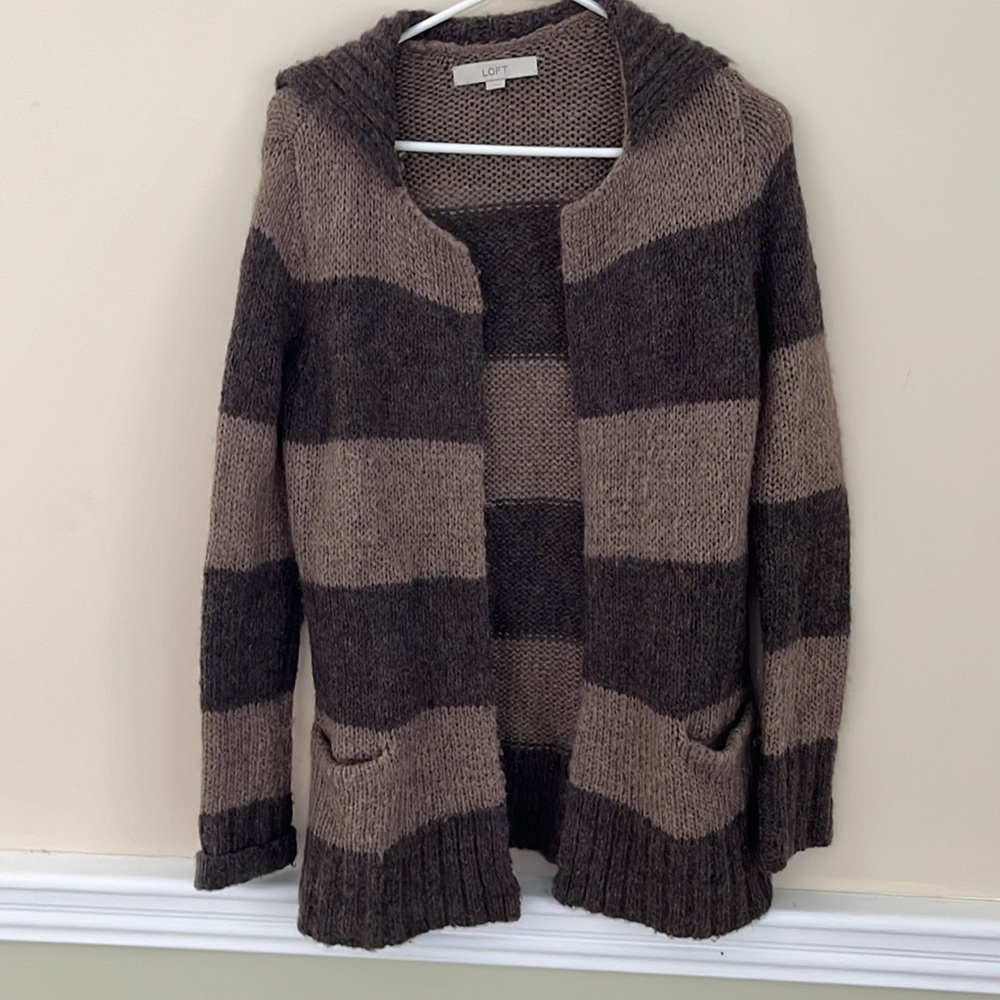 LOFT Mohair Brown Wide Stripe Open Cardigan Sweater XS - Picture 8 of 13